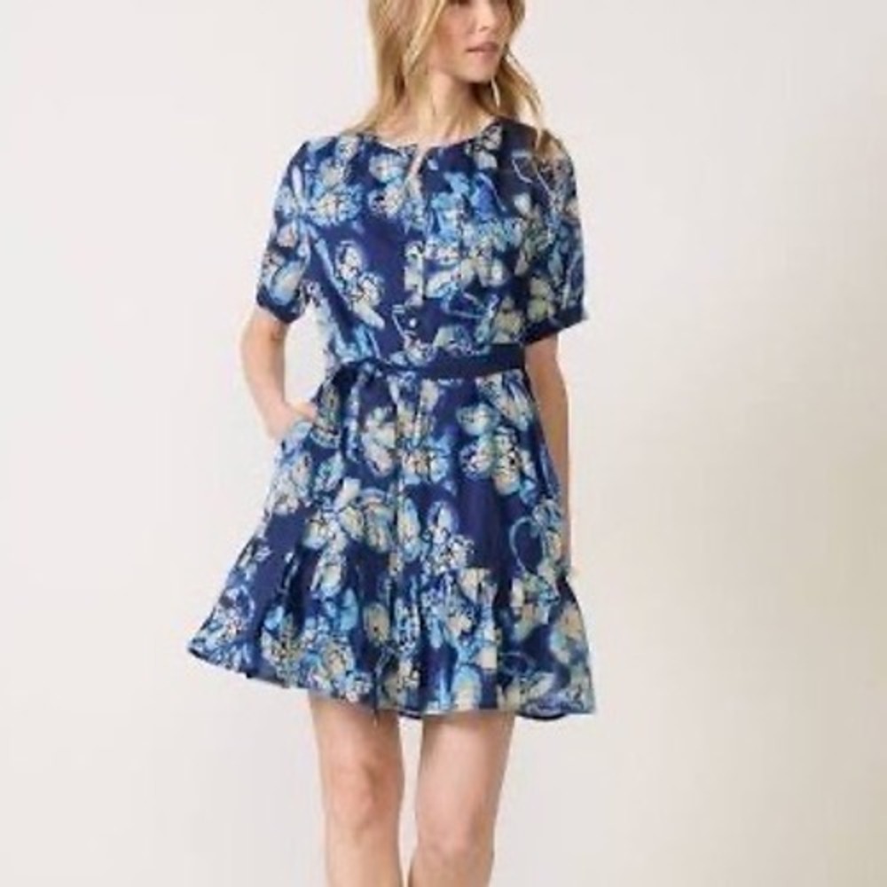 Evereve Arlene Puff Sleeve Mini Dress Blue Floral Medium New With Tags